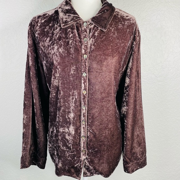 J.Jill Brown Crushed Velvet 100% Rayon High/Low Long Sleeve Button down Shirt - Picture 12 of 13
